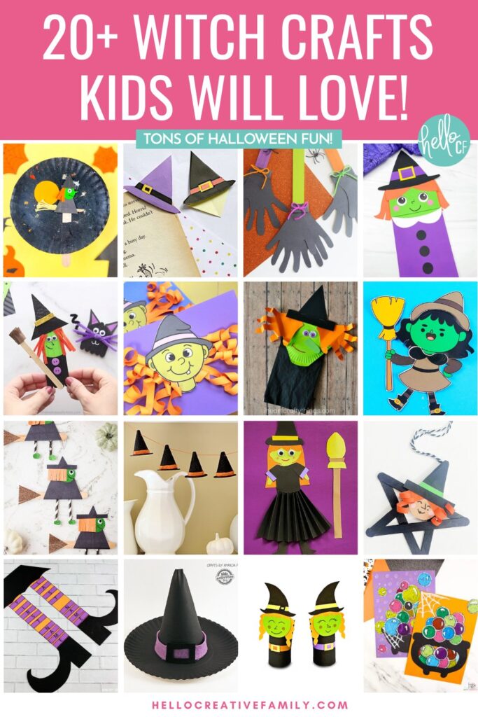 Vertical collage of Halloween witch crafts for kids, showing paper witches, popsicle stick witch puppets, paper hats, and printable cauldrons with the text overlay: &ldquo;20+ Witch Crafts Kids Will Love! Tons of Halloween Fun!&rdquo;