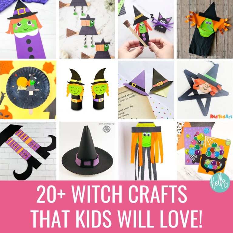 Square collage of colorful Halloween witch crafts for kids, featuring paper, popsicle stick, and printable witch projects with the text overlay: “20+ Witch Crafts That Kids Will Love!”