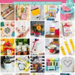 Collage of over 40 DIY teacher gift ideas, featuring handmade crafts like beaded bracelets, paper flowers, pencil-shaped crafts, decorated mugs, potted plants, and colorful gift packaging. Pink background with white text reading “40+ DIY Teacher Gift Ideas They’ll Love” and a teal banner that says “Back to School & Teacher Appreciation” from Hello Creative Family.