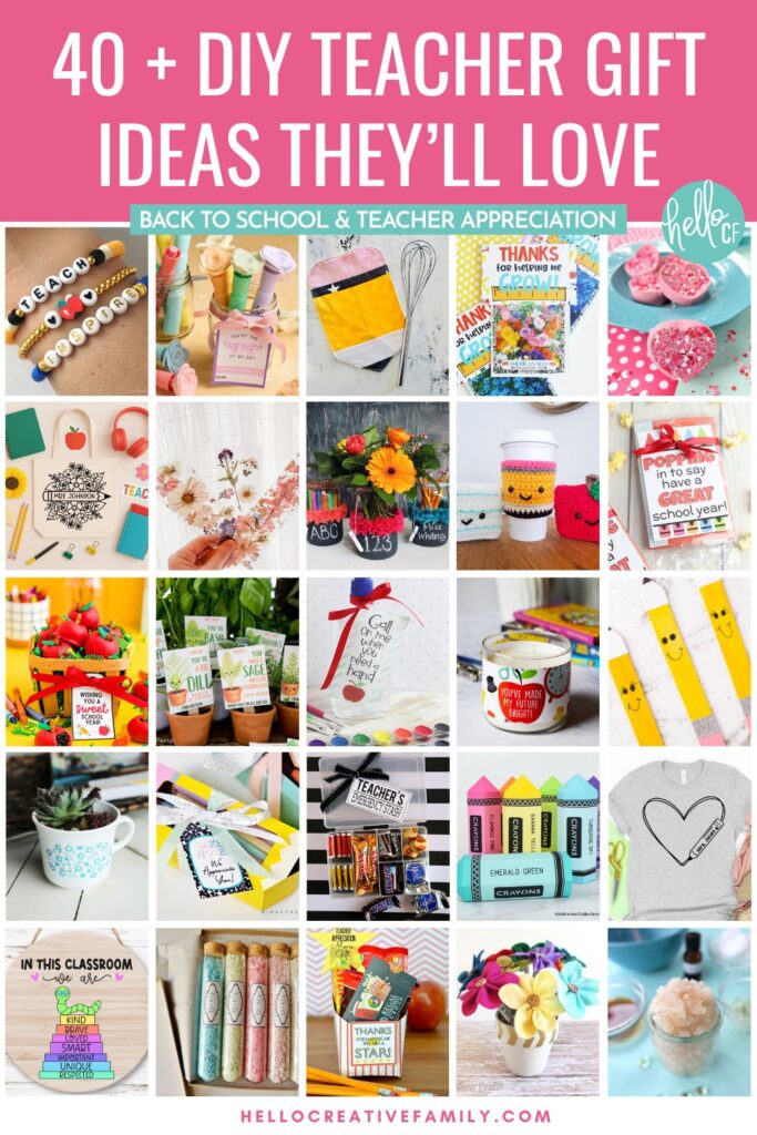 Collage of over 40 DIY teacher gift ideas, featuring handmade crafts like beaded bracelets, paper flowers, pencil-shaped crafts, decorated mugs, potted plants, and colorful gift packaging. Pink background with white text reading “40+ DIY Teacher Gift Ideas They’ll Love” and a teal banner that says “Back to School & Teacher Appreciation” from Hello Creative Family.