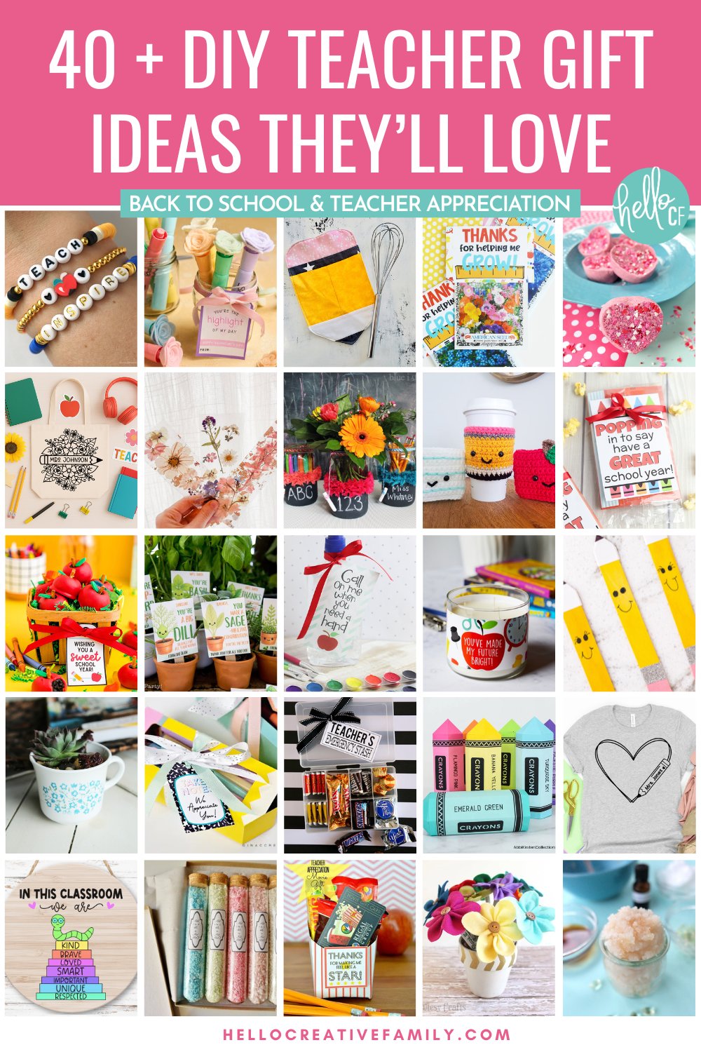Collage of over 40 DIY teacher gift ideas, featuring handmade crafts like beaded bracelets, paper flowers, pencil-shaped crafts, decorated mugs, potted plants, and colorful gift packaging. Pink background with white text reading “40+ DIY Teacher Gift Ideas They’ll Love” and a teal banner that says “Back to School & Teacher Appreciation” from Hello Creative Family.