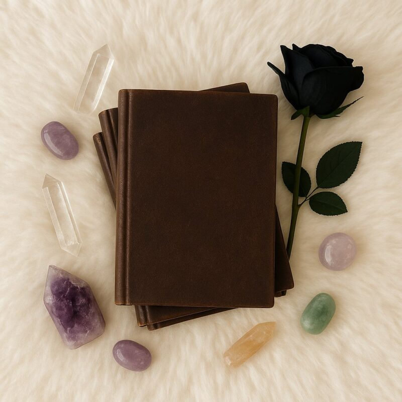 Top-down view of a stack of three dark brown leather-bound books resembling witch’s spell books, placed on a soft white faux fur background. Surrounding the books are polished crystals in shades of amethyst, clear quartz, citrine, green aventurine, and lavender, along with a single black rose with a green stem and leaves, creating a spooky and magical aesthetic.
