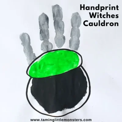 Handprint Witches Cauldron Art by Taming Little Monsters