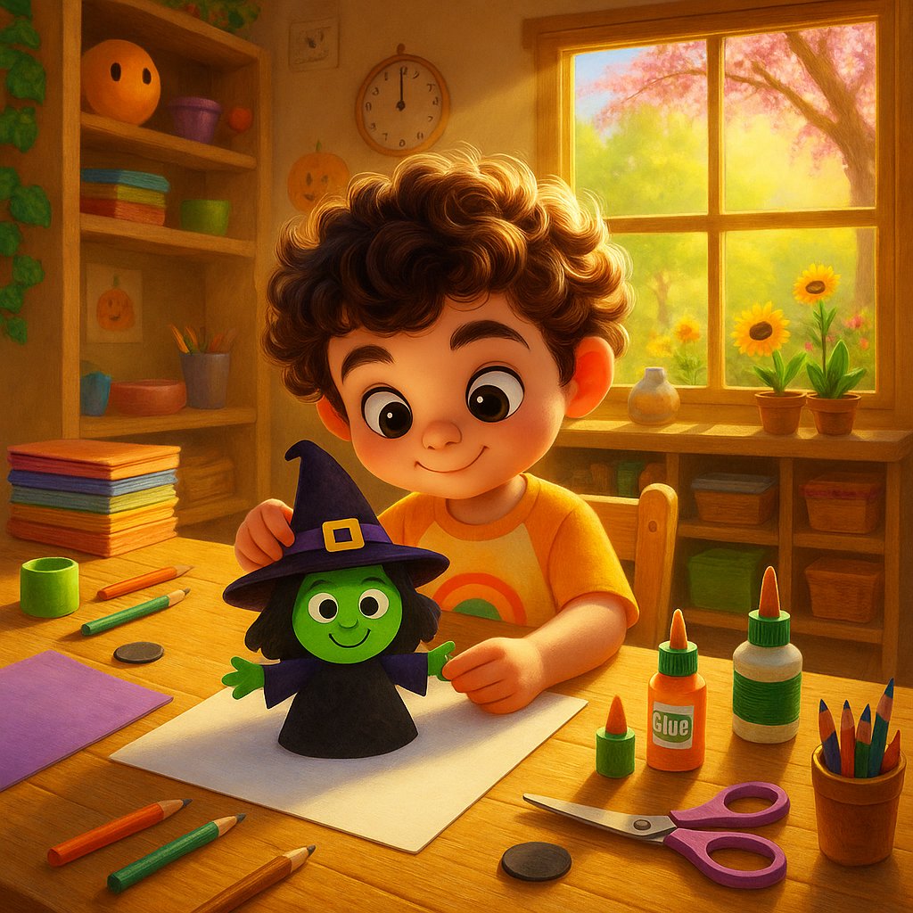 Whimsical digital illustration of a child sitting at a craft table making a witch craft with a green face and pointy hat, surrounded by craft supplies, in a bright, Pixar-style art scene.