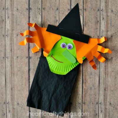 Paper Plate Halloween Witch Puppet Craft by I Heart Crafty Things
