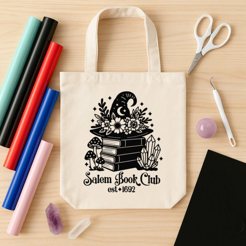 Canvas tote bag with a black “Salem Book Club est. 1692” SVG design featuring a witch hat adorned with flowers, stacked books, mushrooms, crystals, and stars. The tote is placed on a light wood table surrounded by craft supplies including rolls of vinyl in various colors, white craft scissors, a weeding tool, a scraper, and amethyst and quartz crystals.