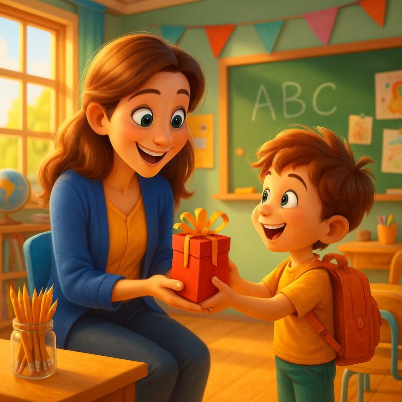 A Pixar-style 3D animated digital painting of a smiling female teacher in a blue cardigan and yellow blouse receiving a small red gift box with a yellow ribbon from a happy young boy wearing a yellow shirt and orange backpack. They are in a colorful, sunlit classroom decorated with bunting, a chalkboard, and maps, with warm golden light streaming through the windows.