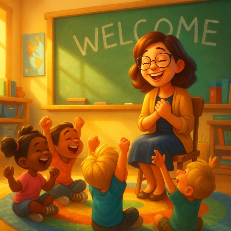 Pixar-style digital painting of a smiling kindergarten teacher sitting in a chair at the front of a colorful classroom. A chalkboard is behind her, and several young students sit on the carpet in front, cheering with their arms raised. The scene is filled with warm golden sunlight, vibrant colors, and joyful expressions.