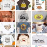 Collage graphic promoting 14 free Thanksgiving pun SVG cut files for Cricut crafting. Designs include 'I&rsquo;m A Cutie Pie,' 'Feast Mode,' 'Let&rsquo;s Get Basted,' 'Thankful for Drawstrings,' 'Leftovers Are For Quitters,' 'I Came In Like A Butterball,' 'Never Skip Leg Day,' 'Feast Mode Activated,' 'Let&rsquo;s Give Them Pumpkin To Talk About,' 'Full of Thanks & Pumpkin Pie,' 'You Wanna Piece of Me,' 'Turkey, Wine and Feeling Fine,' Thanksgiving stickers, and 'Talk Turkey To Me.' Styled on shirts, hoodies, mugs, and onesies.