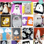 Vertical collage of 20+ easy ghost crafts for kids using everyday supplies like cotton balls, yarn, paper plates, coffee filters, beans, and chalk pastels. Pink banner at the top reads &ldquo;20+ Ghost Crafts Kids Will Love!&rdquo; with Hello Creative Family branding.