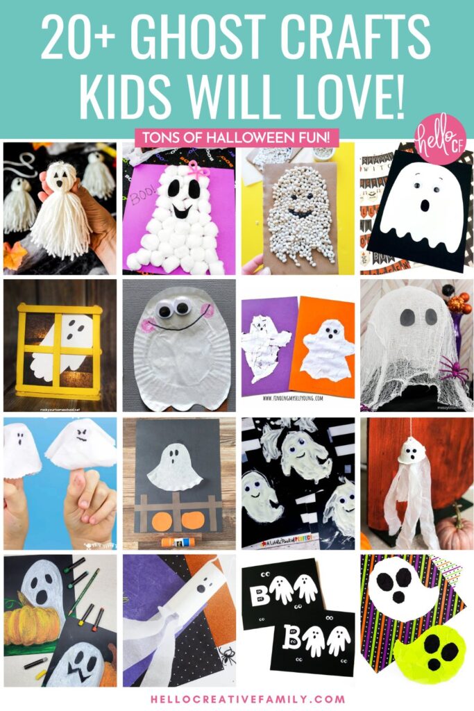 Vertical collage of more than 20 ghost craft ideas for kids, with projects made from cotton balls, beans, paper plates, yarn, and coffee filters. Teal banner at the top reads &ldquo;20+ Ghost Crafts Kids Will Love!&rdquo; with Hello Creative Family branding.