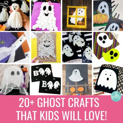Square collage of ghost crafts for kids, featuring DIY projects like yarn tassel ghosts, cotton ball ghosts, paper puppets, bean ghosts, and chalk pastel art. Pink banner at the bottom reads “20+ Ghost Crafts That Kids Will Love!” with Hello Creative Family logo.