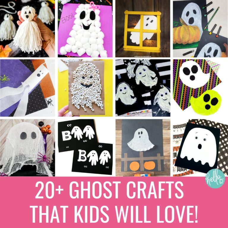 Square collage of ghost crafts for kids, featuring DIY projects like yarn tassel ghosts, cotton ball ghosts, paper puppets, bean ghosts, and chalk pastel art. Pink banner at the bottom reads “20+ Ghost Crafts That Kids Will Love!” with Hello Creative Family logo.