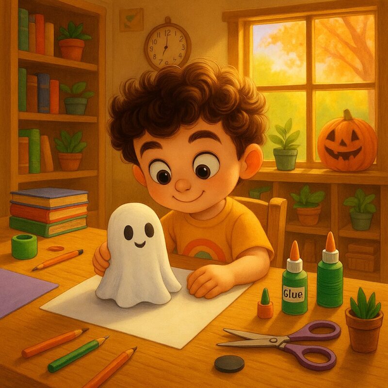 A young boy with curly brown hair and a bright smile sits at a wooden table crafting a friendly ghost. He wears an orange shirt with a rainbow design while surrounded by glue, scissors, crayons, books, and potted plants. Behind him, a large jack-o&rsquo;-lantern and more plants sit on a shelf by a sunny window with autumn trees outside, creating a cozy, cheerful Halloween scene.