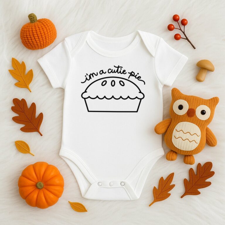 White baby onesie with the text 'I'm a cutie pie' and a simple pie illustration, styled flat lay on a white faux fur background. Surrounded by fall decor including pumpkins, felt leaves, berries, a wooden mushroom, and a plush owl toy.