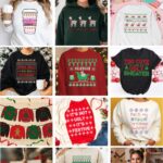 A collage of twelve festive ugly Christmas sweater SVG designs displayed on sweatshirts, shirts, and crafts. Designs include sayings like “Tis The Season,” “Fa La La La Llama,” “Sleigh,” “Jingle Bells and Bad Decisions,” “It’s Not Ugly It’s Festive,” “This Is My Ugly Christmas Sweater,” “Santa Saw Your TikToks,” and more. The top banner reads “12 Free Ugly Christmas Sweater SVG Files” with pink Hello Creative Family branding.