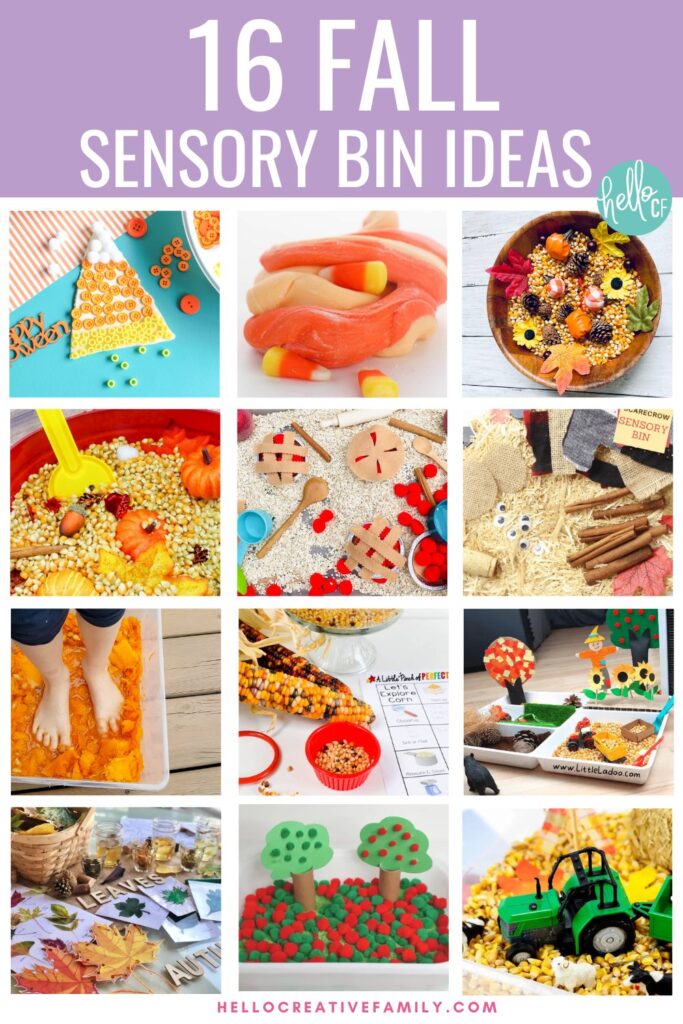 A bright collage showcasing 12 creative fall sensory bins for kids — from popcorn play and apple pie pretend baking to candy corn slime, scarecrow sensory trays, and farm tractor play bins. Text overlay reads “16 Fall Sensory Bin Ideas.”