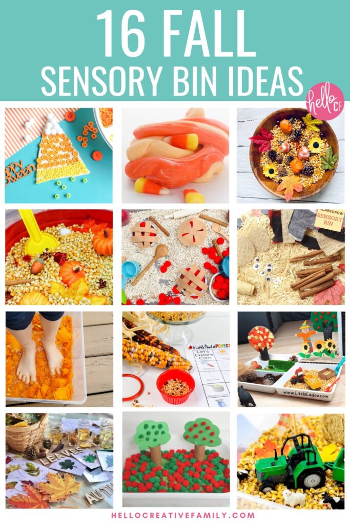 A colorful collage of 12 playful fall sensory ideas for kids featuring apple pie pretend play, popcorn kernels, candy corn dough, scarecrow activities, and pumpkin bins. Text overlay reads “16 Fall Sensory Bin Ideas” with Hello Creative Family branding.