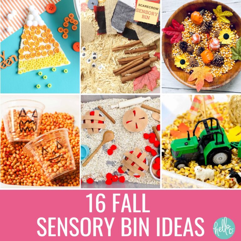 A collage featuring six hands-on fall sensory activities for kids, including candy corn crafts, scarecrow materials, popcorn kernels, mini pumpkins, apple pie sensory play, and a tractor-themed corn bin. Text overlay reads “16 Fall Sensory Bin Ideas” with the Hello Creative Family logo.