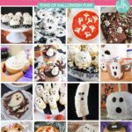 Vertical collage of more than 20 ghost recipes for kids, including cupcakes, brownies, fruit ghosts, popcorn balls, ghost chocolate apples, pizza, bark, and scones. Pink banner at the top reads “20+ Ghost Recipes Kids Will Love! Tons of Halloween Fun!” with Hello Creative Family branding.