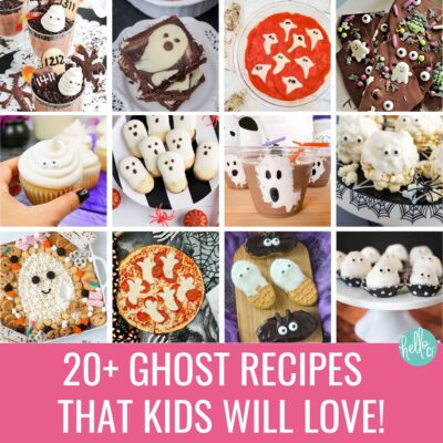 Square collage of easy ghost recipes for kids, featuring ghost cupcakes, brownies, pudding cups, Milano cookies, ghost pizza, Nutter Butter cookies, chocolate-dipped strawberries, and popcorn balls. Pink banner at the bottom reads “20+ Ghost Recipes That Kids Will Love!” with Hello Creative Family branding.
