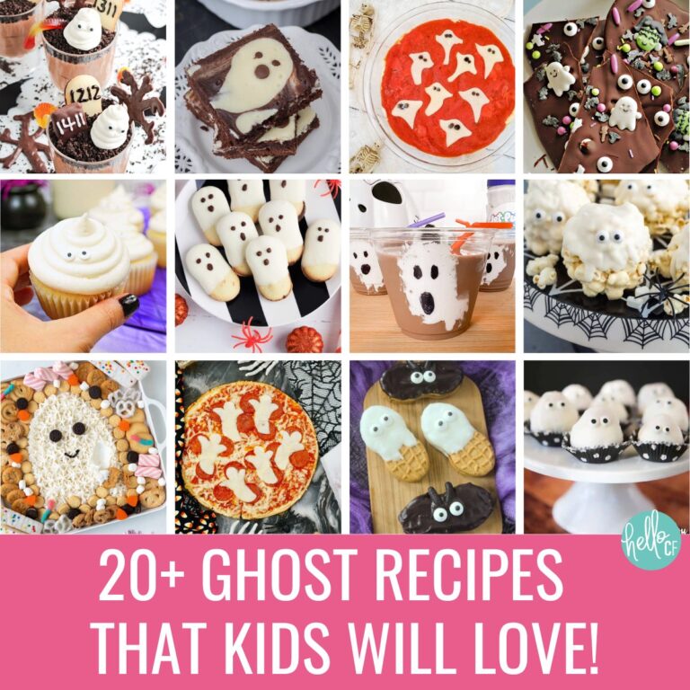 Square collage of easy ghost recipes for kids, featuring ghost cupcakes, brownies, pudding cups, Milano cookies, ghost pizza, Nutter Butter cookies, chocolate-dipped strawberries, and popcorn balls. Pink banner at the bottom reads “20+ Ghost Recipes That Kids Will Love!” with Hello Creative Family branding.