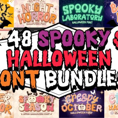 Collage image featuring 48 different Halloween fonts with bold lettering in red, purple, orange, and black reading &ldquo;48 Spooky Halloween Font Bundles &ndash; $9.&rdquo;