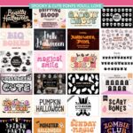 Bright collage of Halloween font designs featuring cute ghosts, skeletons, pumpkins, and witch-themed typefaces. Text reads &ldquo;50+ Halloween Fonts for Cricut Projects &ndash; Spooky & Cute Fonts You&rsquo;ll Love&rdquo; on a pink and white banner.