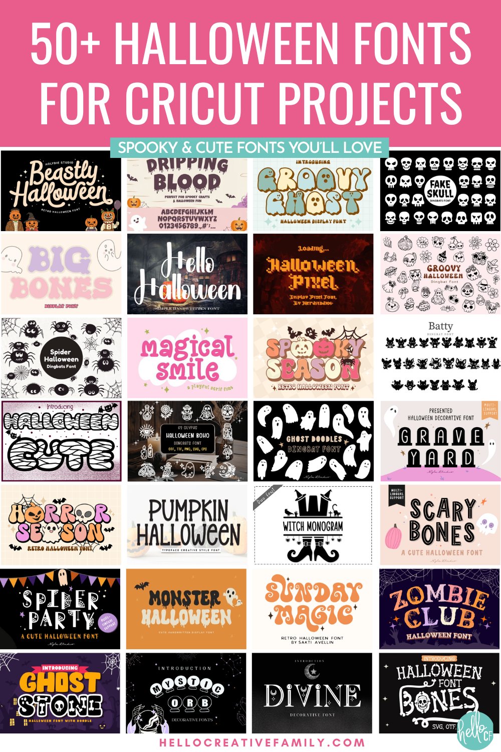 Bright collage of Halloween font designs featuring cute ghosts, skeletons, pumpkins, and witch-themed typefaces. Text reads &ldquo;50+ Halloween Fonts for Cricut Projects &ndash; Spooky & Cute Fonts You&rsquo;ll Love&rdquo; on a pink and white banner.