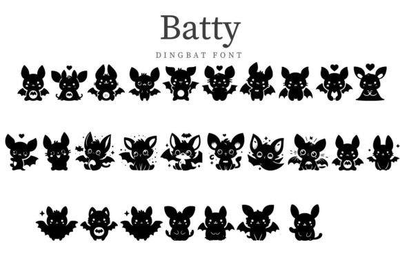 Batty dingbat font showing rows of cute black bat illustrations in different poses and expressions on a white background with the title &ldquo;Batty Dingbat Font.&rdquo;