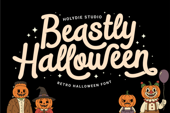 Beastly Halloween font preview featuring creamy handlettered script on a black background with sparkling stars and vintage pumpkin-headed character illustrations.