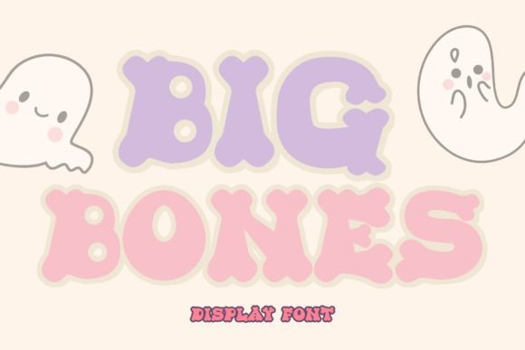 Big Bones font featuring bone-shaped letters shown in pastel purple and pink on a cream background with smiling ghost illustrations.Big Bones font featuring bone-shaped letters shown in pastel purple and pink on a cream background with smiling ghost illustrations.