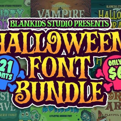 Colorful Halloween font collage with the title &ldquo;Blankids Studio Halloween Font Bundle &ndash; 21 Fonts for $6&rdquo; in bold orange and purple lettering.
