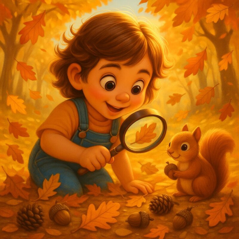 A cheerful child wearing overalls and a yellow shirt crouches on a leaf-covered forest path, holding a magnifying glass to examine a leaf. A cute squirrel sits nearby holding an acorn, surrounded by pinecones and orange leaves, with golden sunlight streaming through the autumn trees.