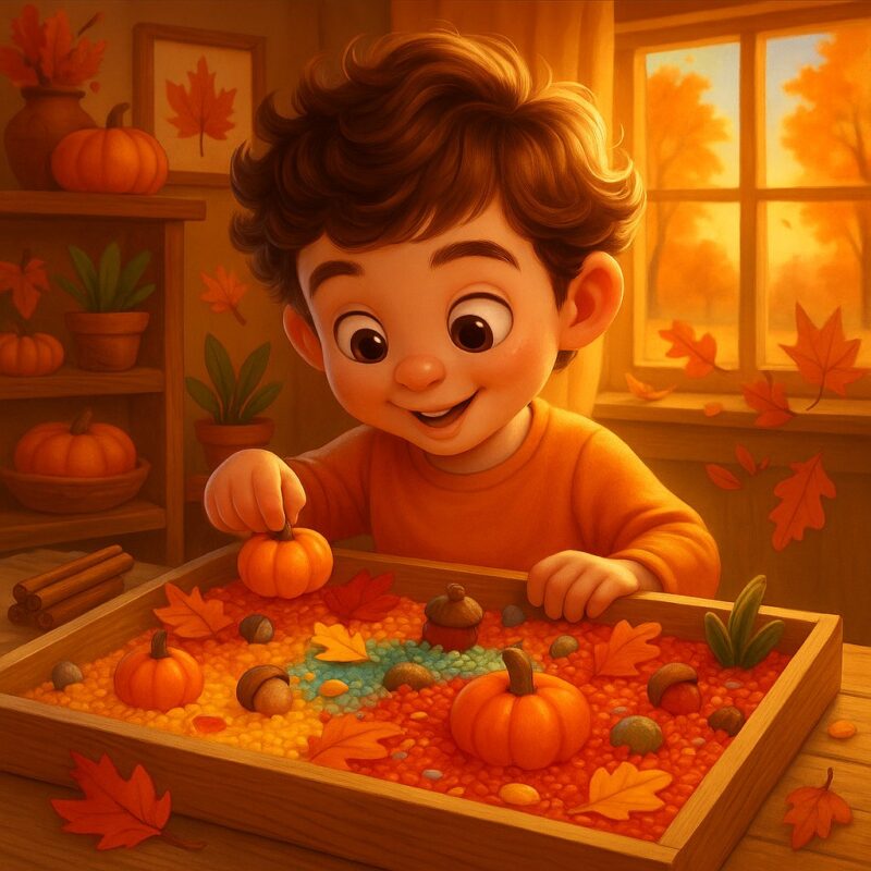 A young child with curly brown hair smiles as they play with a fall-themed sensory bin filled with orange rice, tiny pumpkins, acorns, and colorful leaves. Warm sunlight filters through a window with golden autumn trees outside, creating a cozy indoor setting with fall decorations.