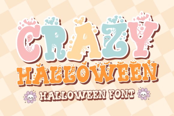 Crazy Halloween font preview featuring bold pastel pink, teal, and orange letters with spiderweb accents displayed on a cream checkered background, along with a character map showing uppercase letters, numbers, and punctuation.