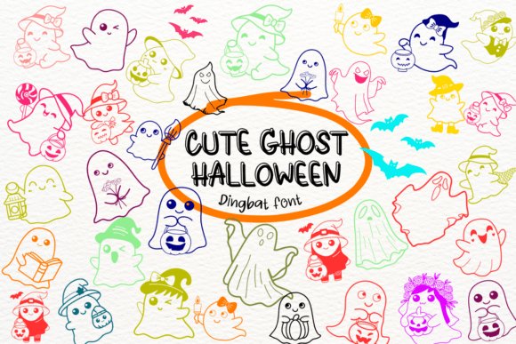 Cute Ghost Halloween dingbat font featuring colorful ghost illustrations in costumes and accessories like hats, lanterns, and pumpkins on a textured white background.