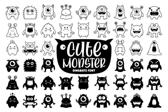 Cute Monster Dingbat Font showing a variety of playful monster illustrations in black and white on a white background with the title &ldquo;Cute Monster Dingbats Font.&rdquo;