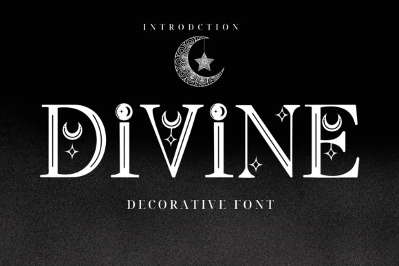 Divine font displayed in white on a black gradient background with moons, stars, and ornate celestial details decorating the letters.