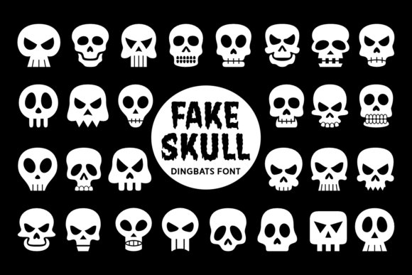 Fake Skull dingbat font displaying rows of white skull illustrations with unique expressions on a black background with the title &ldquo;Fake Skull Dingbats Font.&rdquo;