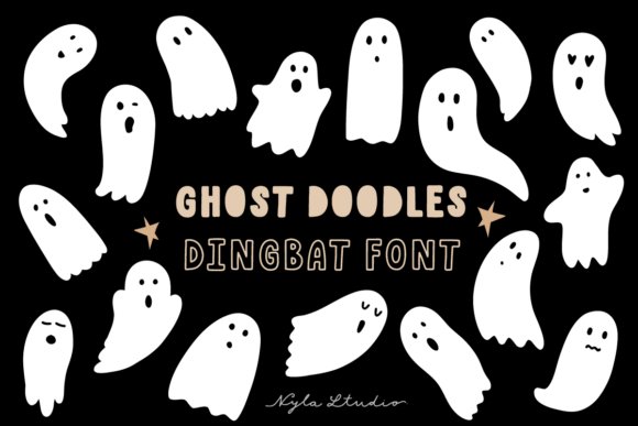 Ghost Doodles Dingbat Font preview showing multiple white cartoon ghost illustrations on a black background with gold stars and the text &ldquo;Ghost Doodles Dingbat Font.&rdquo;