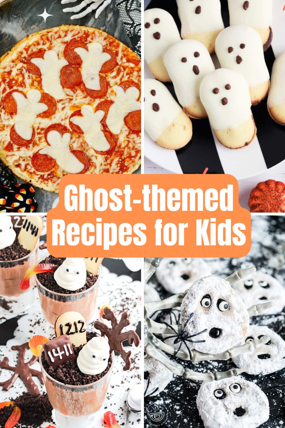 Collage of adorable and easy ghost-themed recipes for kids – perfect for a fun and festive Halloween! Get ready for spooky-cute snacks and treats that everyone will love.