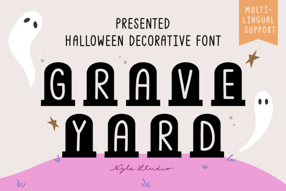 Graveyard Halloween font with bold black tombstone-shaped letters displayed on a light pink background with floating ghosts and golden stars.