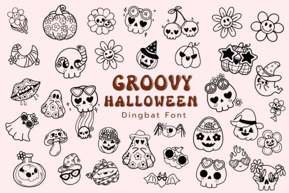 Groovy Halloween dingbat font featuring hand-drawn Halloween doodles like skulls, flowers, ghosts, and pumpkins on a soft pink background with the title &ldquo;Groovy Halloween Dingbat Font.&rdquo;