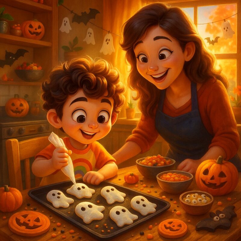 Heartwarming digital painting of a curly-haired child decorating ghost-shaped cookies with their smiling mother in a cozy kitchen. The scene is bathed in golden sunlight, with pumpkins, candy bowls, and Halloween decorations like ghost and bat garlands creating a whimsical, festive atmosphere. The style is colorful, expressive, and Pixar-like, capturing joy and togetherness while making Halloween treats.