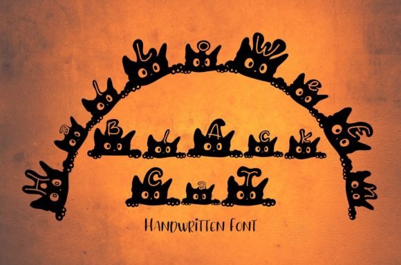 Halloween Black Cat font with black cat silhouettes forming each letter, displayed in an arch shape over an orange textured background.