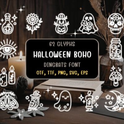 Halloween Boho Dingbat Font showing glowing white boho-style Halloween illustrations like eyes, moons, candles, and mushrooms on a dark background with a cozy candlelit setup.