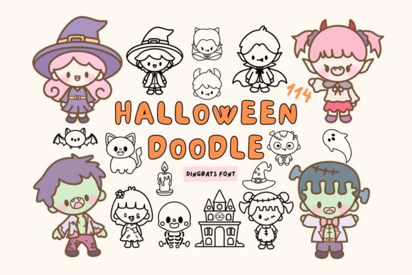 Halloween Doodle Dingbat Font displaying cute pastel-colored Halloween character doodles including witches, zombies, and bats on a cream background with the title &ldquo;Halloween Doodle Dingbat Font.&rdquo;