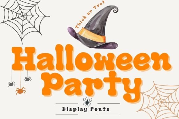 Halloween Party font in bright orange rounded bubble letters with a witch hat on top of the word Halloween, surrounded by spiderwebs and tiny spiders on a cream background.