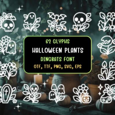 Halloween Plants Dingbat Font showing glowing white Halloween-themed plant illustrations like skull flowers and pumpkin pots on a dark moody background with candles and pumpkins.